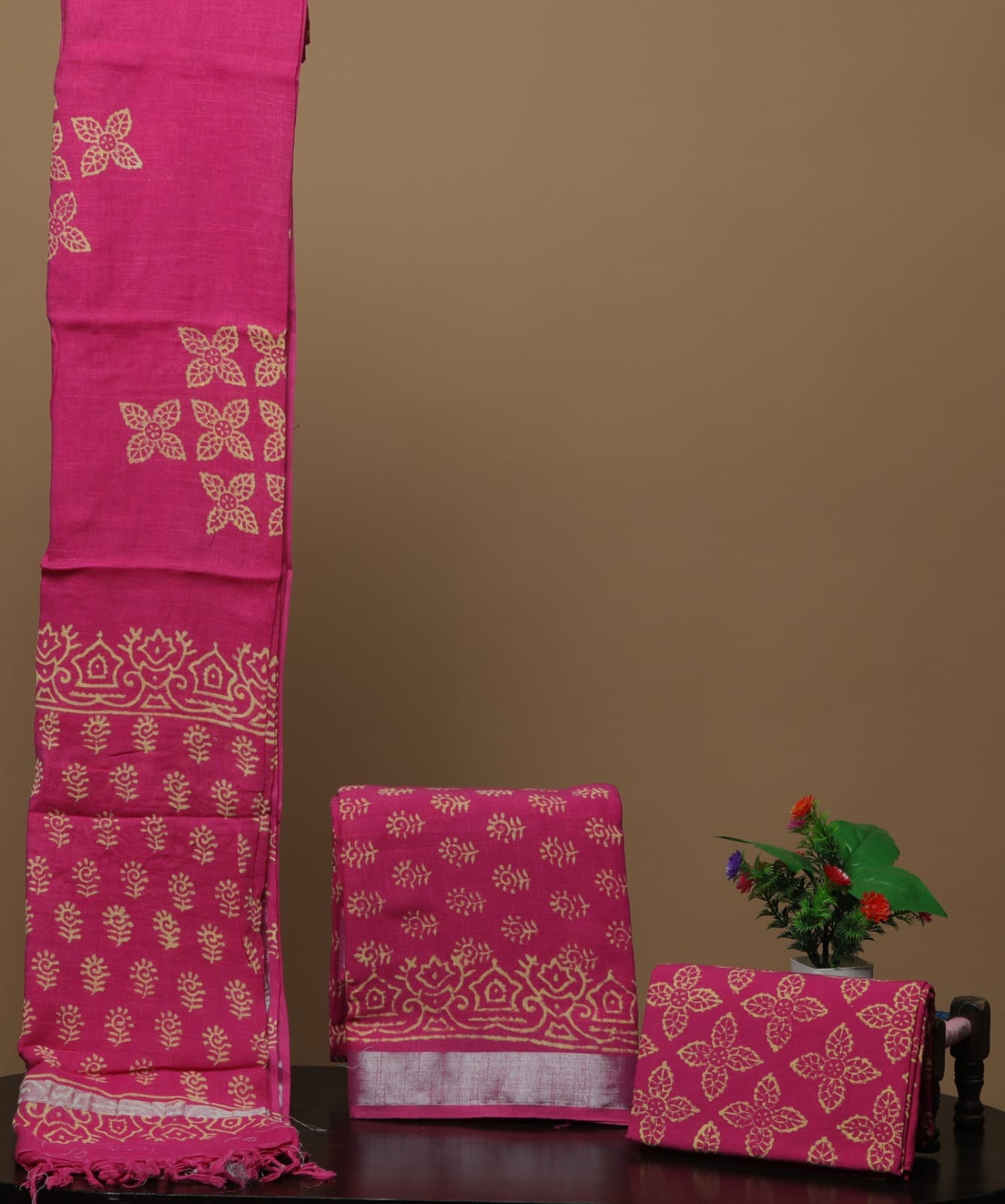 Pink Hand Block Printed Linen Dress Material
