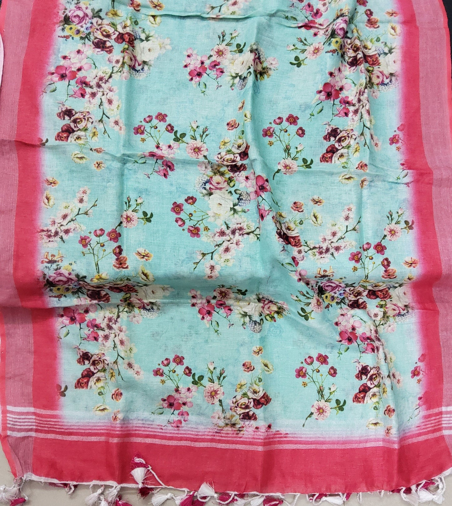 Pure Linen Digital Print Dupatta with Silver Border and Tassles