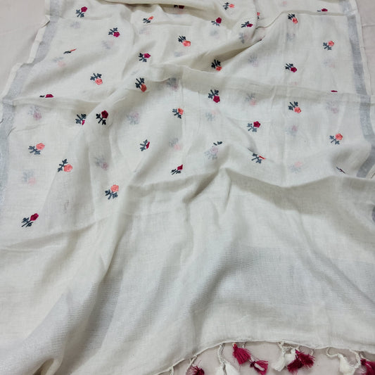 Pure Linen Embroidered Dupatta with Silver Border and Tassles