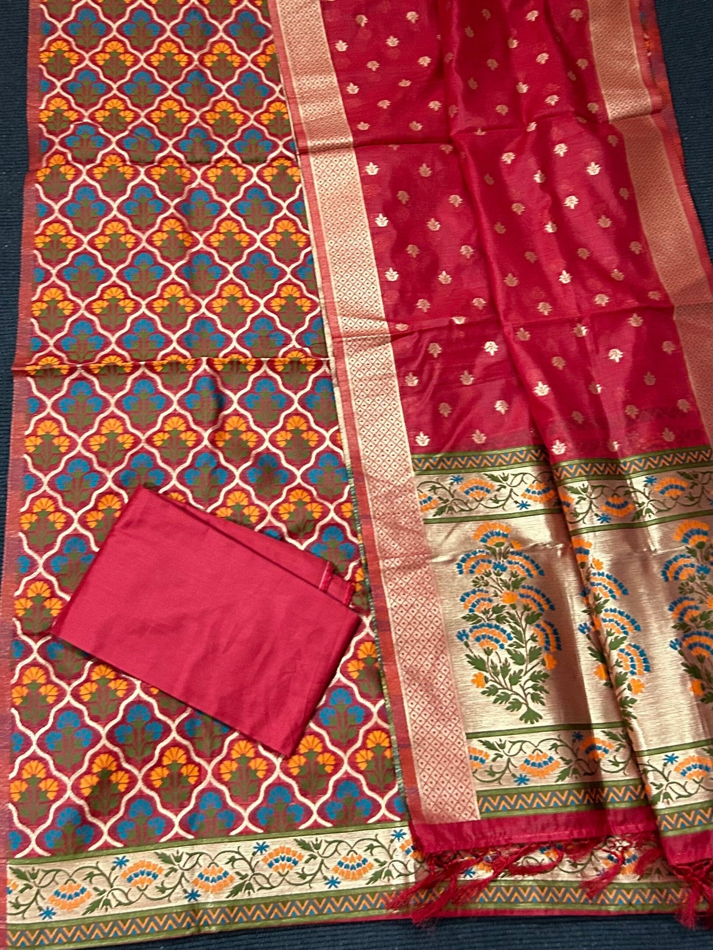 Red Banarasi Cotton Dress Material