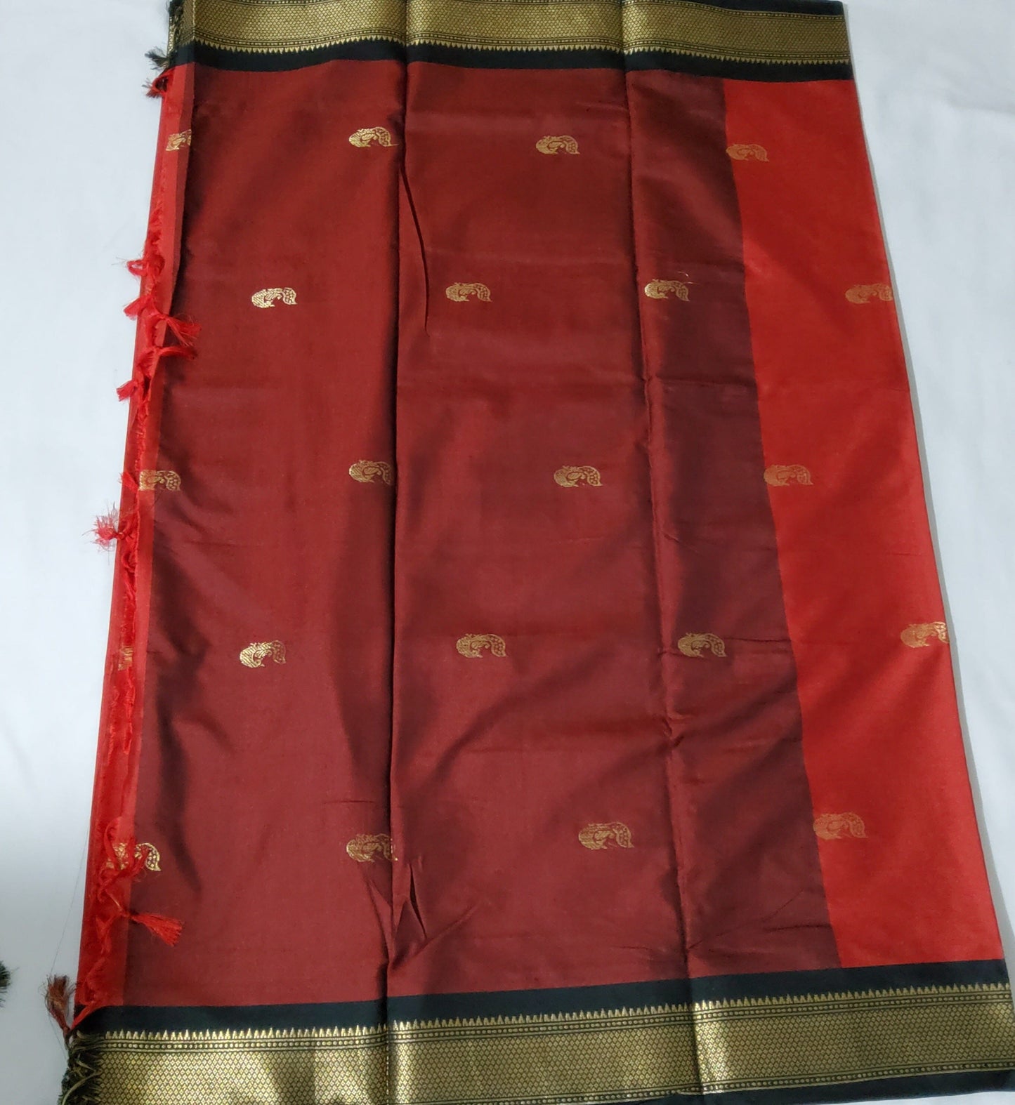 Red Black Cotton Silk Saree with All over bootis