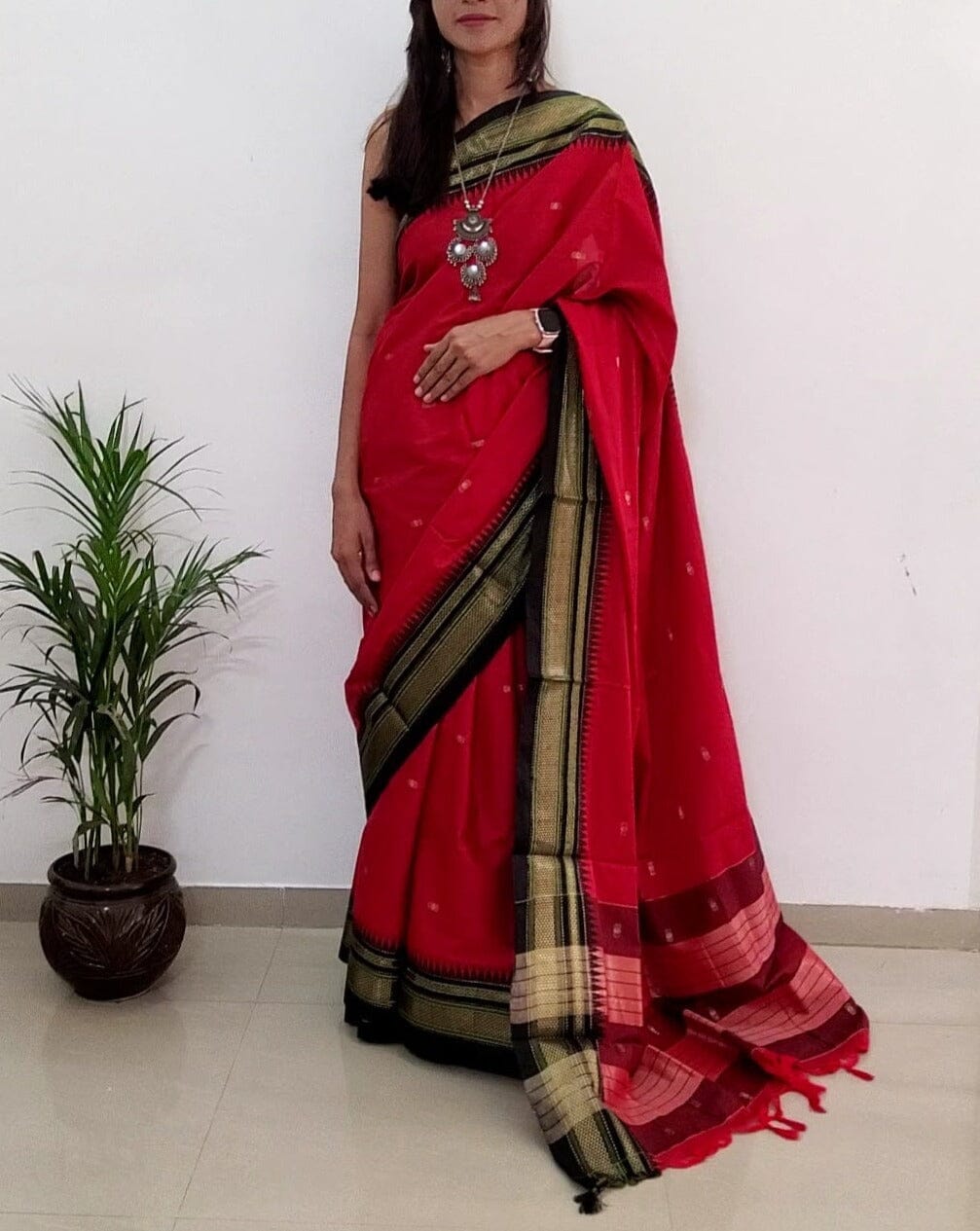Red Black Cotton Silk Saree with Running Blouse