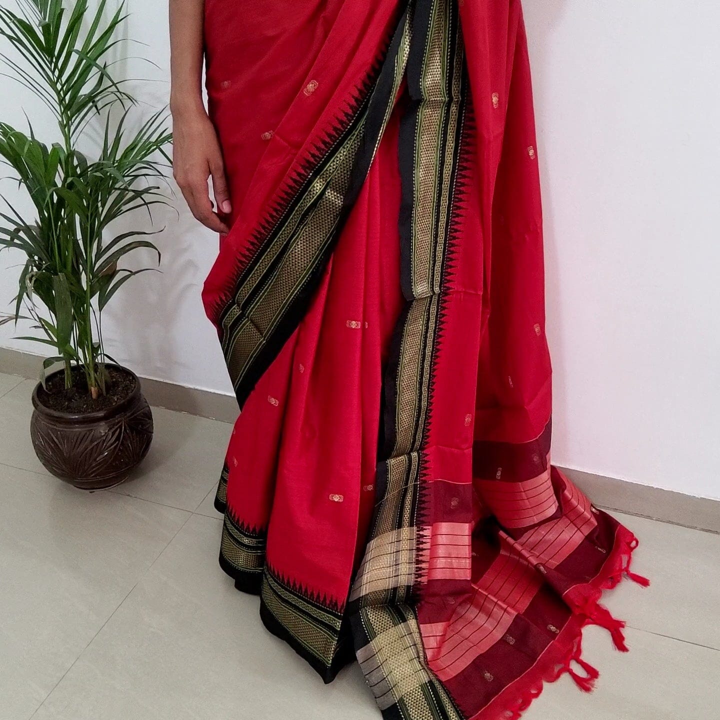 Red Black Cotton Silk Saree with Running Blouse