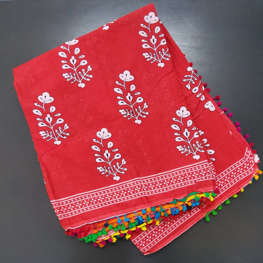 Red Hand Block Print Soft Cotton Saree with Pompoms