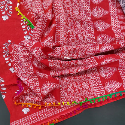Hand Block Print Cotton Saree with Pompoms