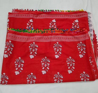 Hand Block Print Cotton Saree with Pompoms