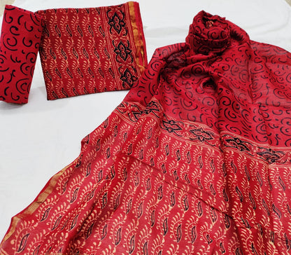 Red Sanganeri Printed Chanderi Dress Material