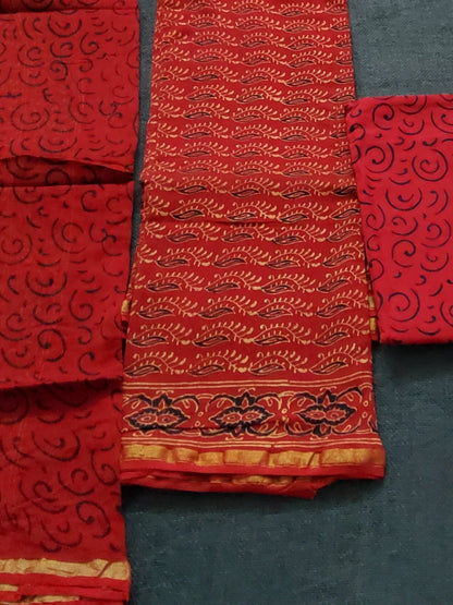 Red Sanganeri Printed Chanderi Dress Material