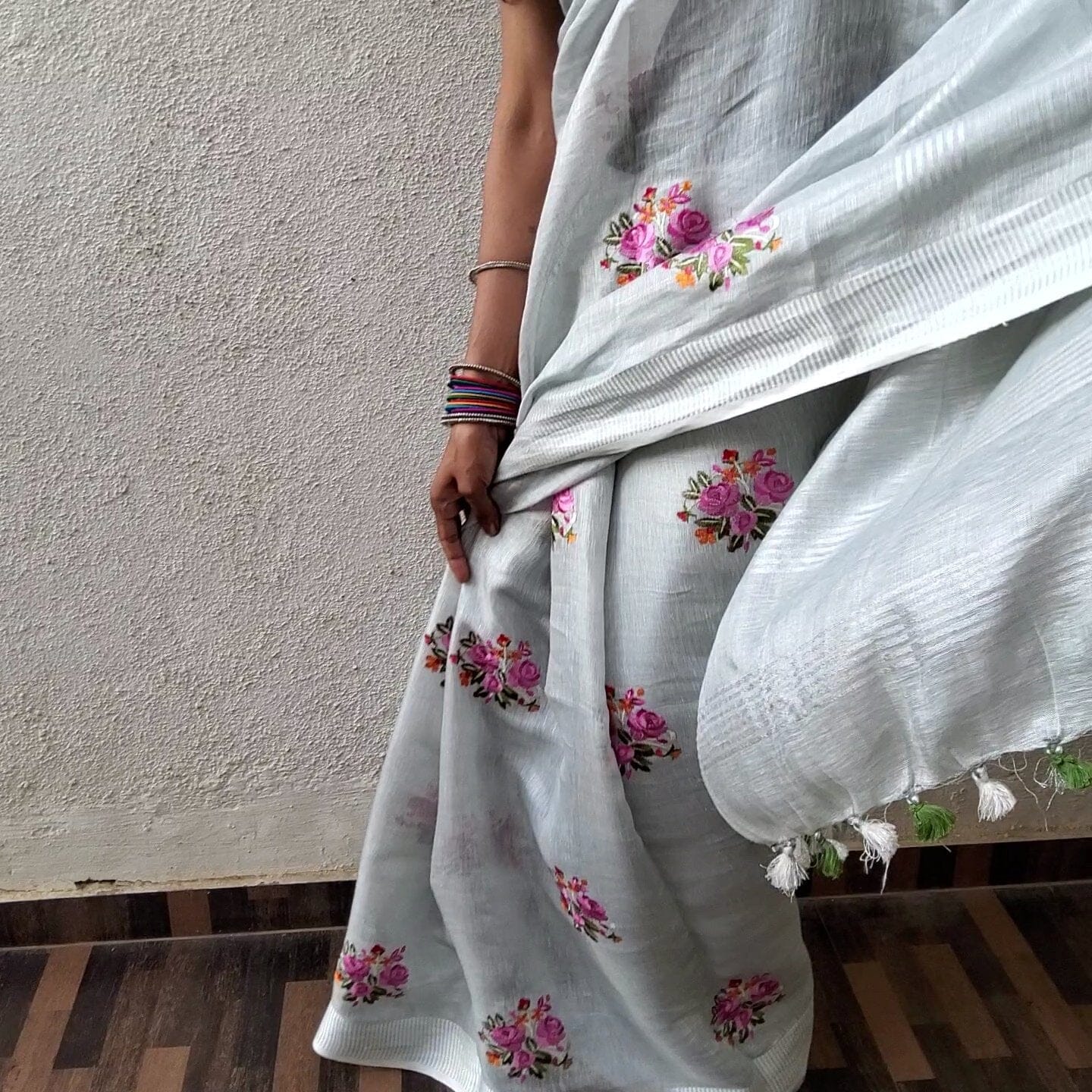 Tissue Linen Embroidered Saree with Blouse
