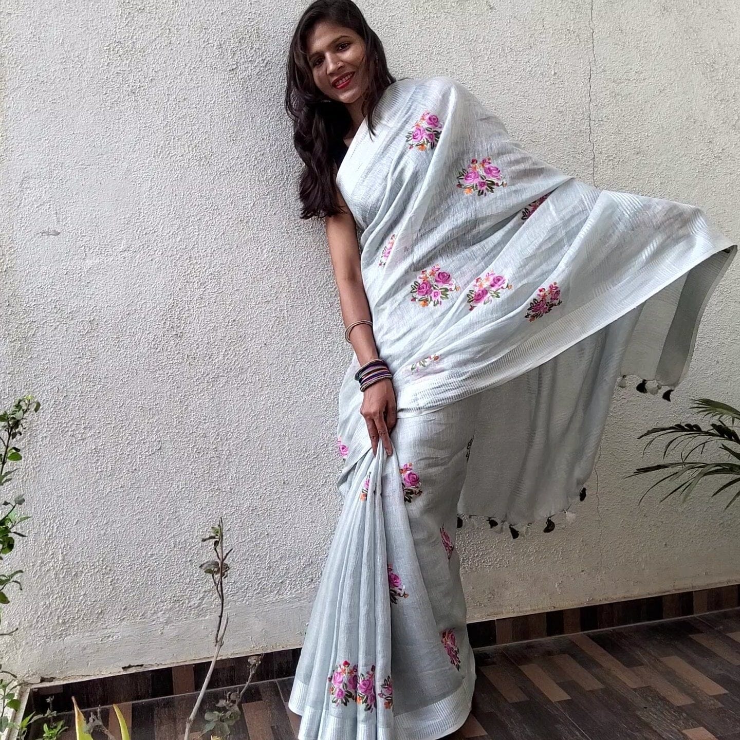 Tissue Linen Embroidered Saree with Blouse
